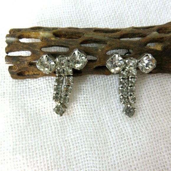 Vintage Screw Back Earrings Crystal Rhinestone Dangle Bowtie Ribbon Unmarked - Picture 11 of 12